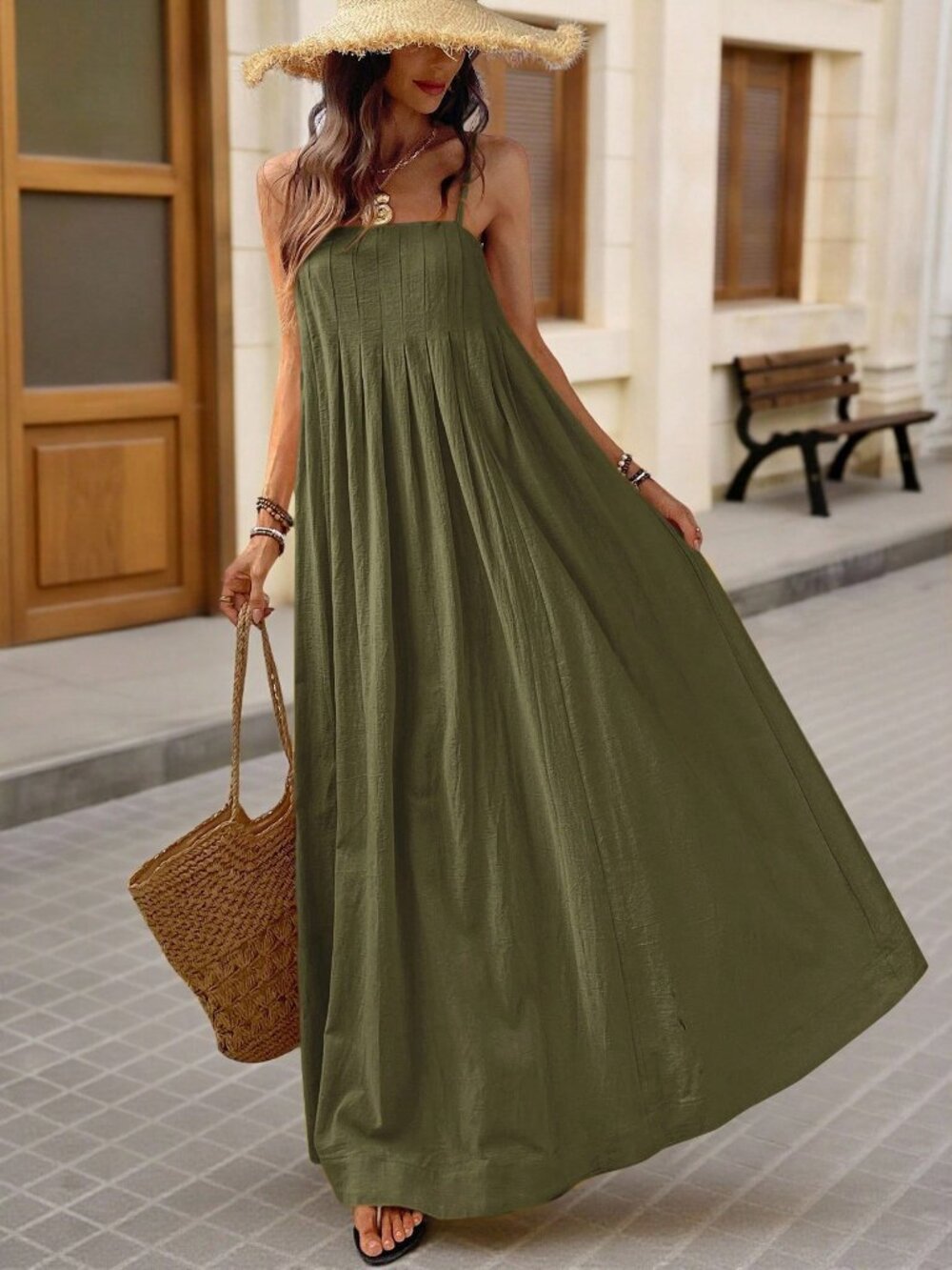 Green Casual Women's square neckline Loose maxi Dress - Picture 5 of 7